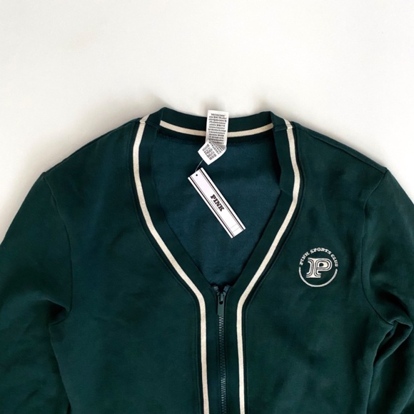 PINK Victoria's Secret Sweater Varsity Full Zip Cardigan Logo Green w Stripe Nwt - Picture 2 of 3